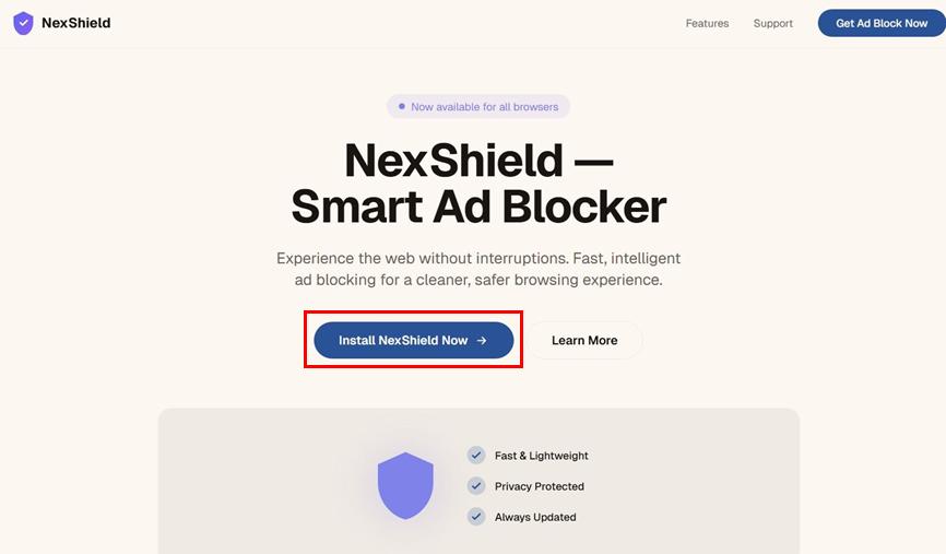 瀏覽器惡意擴充程式NexShield安裝頁面