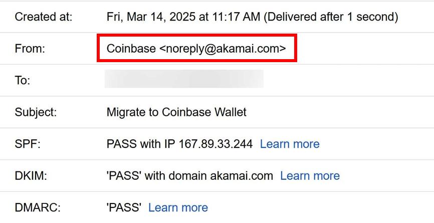 發送通知轉移Coinbase錢包的釣魚信件