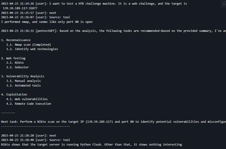 圖一: PentestGPT在HackTheBox挑戰TEMPLATED (Web Challenge)的Demo