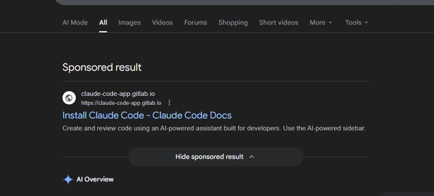 當被害者搜尋Claude安裝程式時，偽造網站出現在Google搜尋結果的頂部。